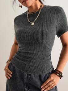 Freevana Áo thun nữ cỡ lớn, cổ tròn, tay ngắn, màu trơn, có bèo nhún và gân nổi. - Xám - Xem 5