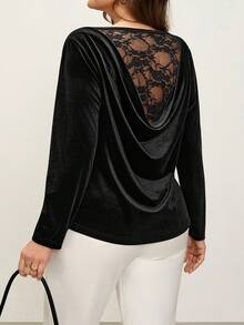 Comfylo 女士休闲百搭日常单品天鹅绒蕾丝拼接高领长袖T恤 - 黑色 - 查看 10