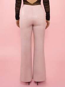 OverBlushhh Women's Pink High Waist Crocodile Embrossed Faux Leather Flare Pants, Back And Side Pocket, Sexy, Grunge, Party, Date, Valentine's Day, Valentine, Birthday, Spring - Pink - View 2