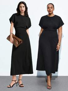 Maija 大码女式黑色束腰简约优雅蝙蝠袖连衣裙，适合办公室、郊游、俱乐部、节日、返校、轻松度假风格 - 黑色 - 查看 12