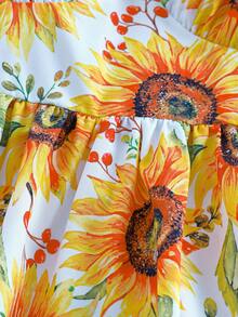 Sweetra Sunflower Print Waist Cinched Long Dress - Yellow - View 4