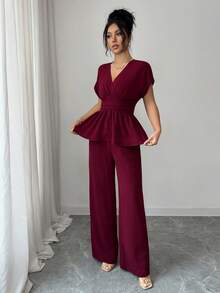 Elenzga New V-Neck Tie-Waist Batwing Sleeve Casual Blouse + Loose Palazzo Pants With Side Pockets Women's 2-Piece Vacation Outfit, Spring/Summer Wide Leg Pants Set Elegant Vacation 2-Piece Set Two Piece Set Women Elegant 2 Piece Sets Woman Classy Designed Specifically For Women, It Exudes An Elegant Style. The Lace-Edged Dress Is A European-Style Summer Top With A Cute Design That Transcends Age Boundaries. Elegant, Vacation, Casual, Graduation Season Outfits, Fashionable Casual Commuting Wear, Business - Burgundy - View 6