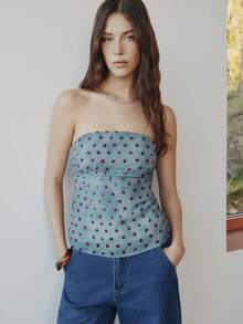 Nöista Sleeveless, Bandeau Top A Textured Blue Fabric With Burgundy In Polka Dots Print. Spring, Summer, Woman. - Blue - View 1