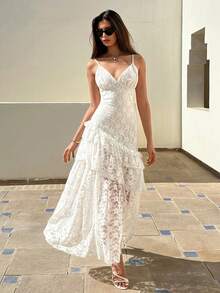 CLARA VERO White Lace Layered Ruffle Maxi Dress: Slim Fit Bodice And Flared Skirt, Perfect For Summer Parties Or Bridal Showers, Made In Non-Elastic Lace Polyester Featuring Double Tier Ruffles And Deep V-Neckline - White - View 5