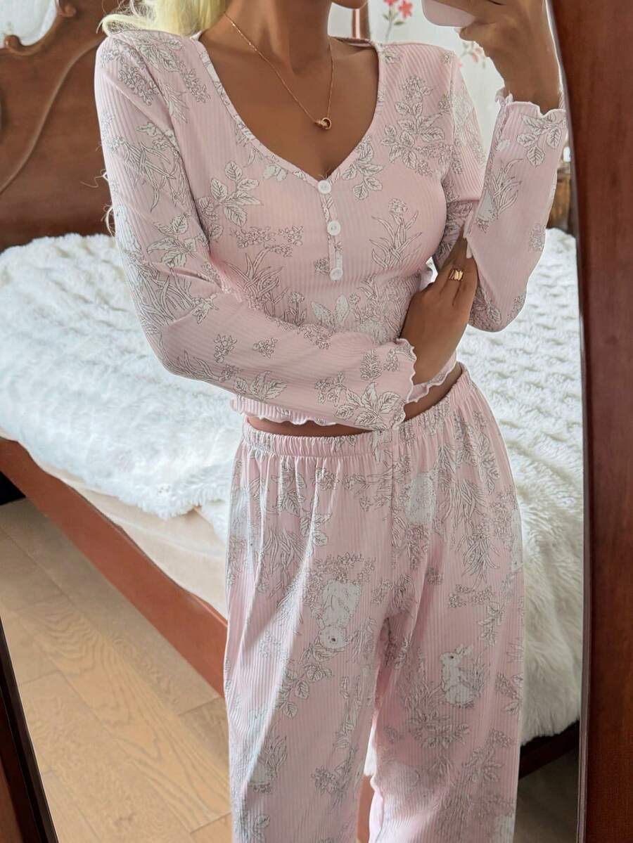 Dream Adore Bộ đồ ngủ dài tay dệt kim in hoa cổ chữ V cài nút dành cho nữ - Nhiều màu - Xem 1