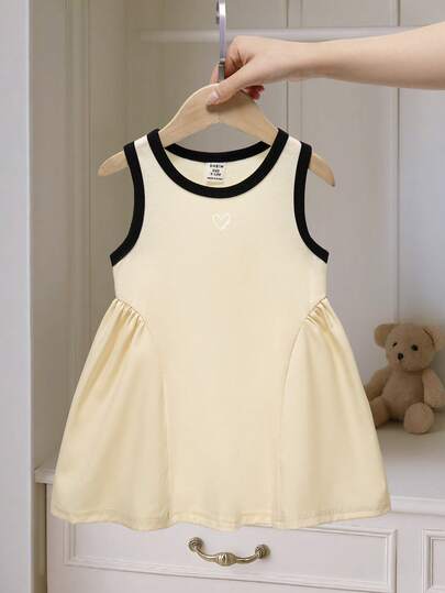 Souflis Souflis Baby/Toddler Girl Cream White Sporty Casual Knit Patchwork Dress, Asymmetrical Splice Contrast Color, Suitable For Baby Summer Play, Home, Vacation, Sweet Lady Cute