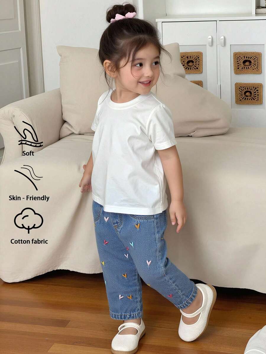 Baby Girls Denim Casual Loose Straight Leg Jeans, Soft Cotton Denim Fabric, Elastic Waist With Heart Embroidery, Versatile For Daily, Party, School, Commute, Spring/Summer/Autumn/Winter - Medium Wash - View 1