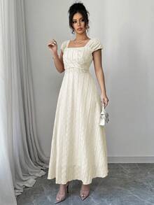 Modelyn 女款方領短袖百褶復古法式白色洋裝，米白色夏季優雅婚禮賓客純色女士優雅洋裝 - 杏色 - 查看 4