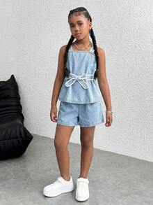 少女休闲时尚百搭浅蓝色水洗牛仔套装 - 藍色 - 查看 4