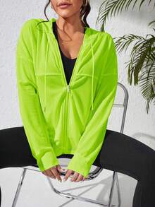 Sovereign Charm Women's Casual Commuter Solid Neon Green Drop Shoulder Loose Zip-Up Drawstring Hooded Sports Jacket - Green - View 7