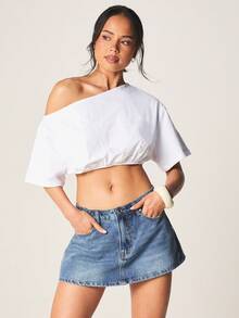 MISSGUIDED Minifalda pantalón de mezclilla de talle alto con cierre frontal de botones clásico y diseño de cinco bolsillos, perfecta para el uso casual de verano en el día a día - Azul lavado medio - Ver 1