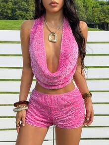 SHEIN EZwear 性感粉色亮片垂领吊带背心短裤套装（女款） - 玫紅色 - 查看 3