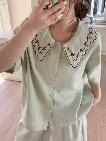 Dazy Plus Plus Size Embroidered Button Front Short Sleeve Top And Pants Casual Pajama Set