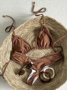 Swim Chiccia Sexigt bikiniset med pärlor och halterneck för kvinnor, glansigt tyg, flätat repdesign, lämpligt för strandsemester - Brun - Visa 4