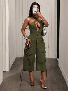 BamGleam Women's Street Fashion Pocket Denim Jumpsuit - Army Green - View 7