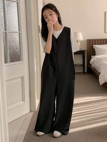 DAZY 少女简约宽松口袋连体裤，夏季 - 黑色 - 查看 7