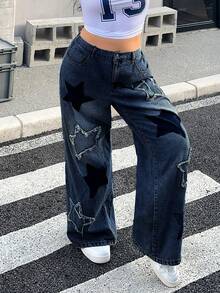 SHEIN ICON Quần jeans dáng suông rộng rãi, thoải mái, có túi trang trí hình ngôi sao năm cánh, cỡ lớn. - Rửa tối - Xem 7