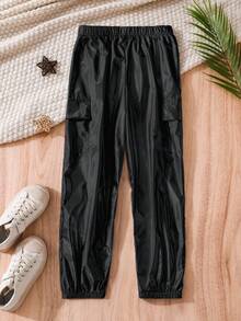 Sparklyn Tween Girls' Metallic Folded Pocket Pants, & Avant-Garde, Metallic Design, Folded Pockets, High-Waisted Loose Fit - Black - View 2