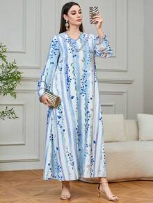 Yasmyna 女士碎花宽松长裙，适合日常穿着和度假 - 藍色 - 查看 7