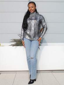 Steph T 女士时尚高领插肩袖银箔毛衣，秋冬 - 銀色 - 查看 1