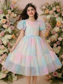 Tween Girls' Elegant Puff Sleeve Butterfly Back Bow Princess Dress - Pink - View 1