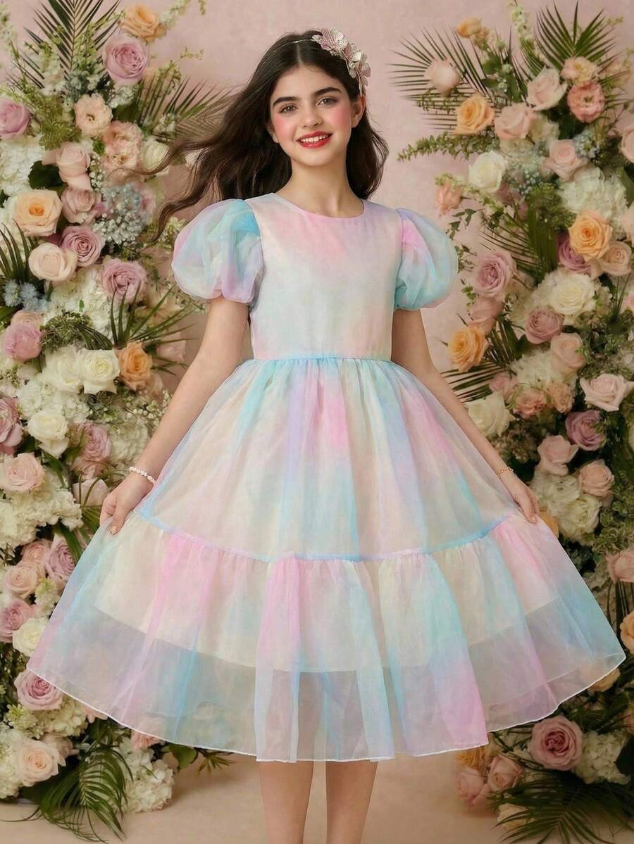 Tween Girls' Elegant Puff Sleeve Butterfly Back Bow Princess Dress - Pink - View 1