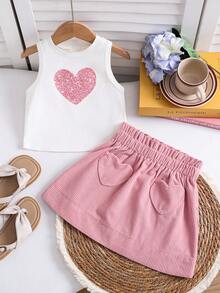 SHEIN 两件套女童针织翻领爱心图案休闲背心和梭织裙套装 - 粉色 - 查看 1