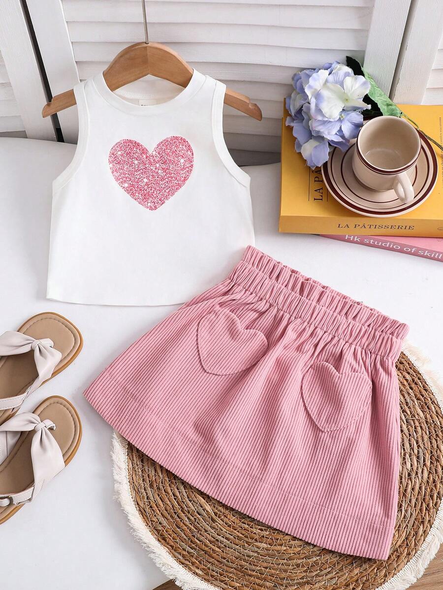 SHEIN 两件套女童针织翻领爱心图案休闲背心和梭织裙套装 - 粉色 - 查看 1