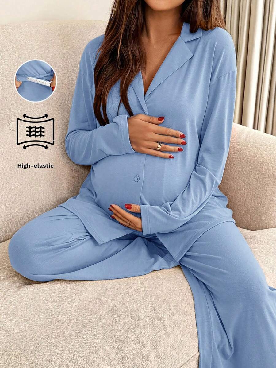 SHEIN Conjunto de gestante casual com 2 peças, blusa de manga comprida com botões frontais e calça. - Baby Azul - Ver 1