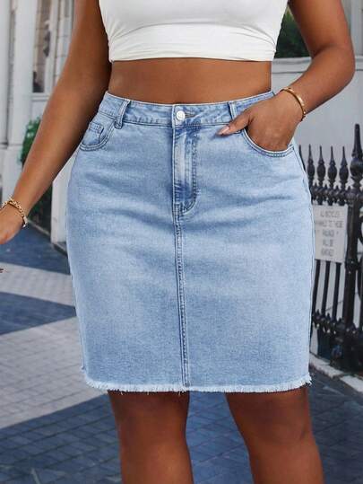 SHEIN Essnce Plus Size Summer Casual Washed Asymmetric Pocket Frayed Hem Denim Skirt