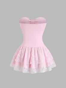 Sweetra Đầm camisole thanh lịch màu trơn phối ren, viền bèo nhún. - Hồng - Xem 2