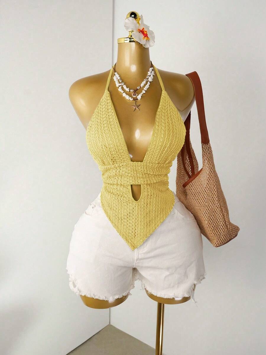 Mistrie 夏季性感纯色镂空深V领吊带背心，绿色文胸，蕾丝，露肤，打结 - 黃色 - 查看 1