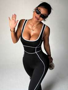 With My Calm 女士瑜伽户外健身连体裤，宽肩带，紧身喇叭裤，撞色条纹 - 黑色 - 查看 4