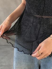 FRIFUL Women's Metallic Sheer Fabric Sleeveless Mock Neck Ruffle Hem Camisole Top - Black - View 8