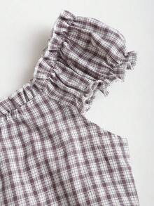 Sweetra 女士格子甜美复古收腰露肩荷叶边下摆休闲Y2K 2000年代风格衬衫，适合度假、海滩穿着，短袖上衣 - 杏色 - 查看 4