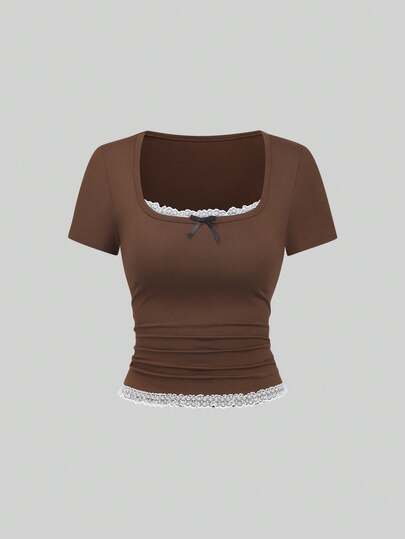 Sweetra Women's Brown Square Neck Lace Trim Bow Decor Vintage Sweet Fitted Comfortable Casual T-Shirt, Suitable For Vacation, 2000s Style, Spring/Summer
