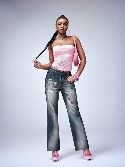 Y2Kool Maria Clara Maia Blue Washed Butterfly Rhinestone Faux Pearl Decor Heart Y2K Casual Flare Leg Jeans For Women, Suitable For Spring/Summer Parties, Holidays, Valentine's Day, Daily Wear