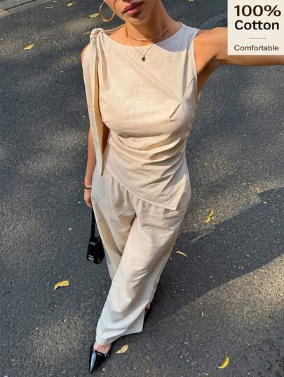Siren Gaze Women's Solid Color Minimalist Sleeveless Top And Pants 2 Pieces Set, Casual Everyday Wear Summer Spring Set 2 Pieces Set Women Outfit Sets Women Summer Beige Suspenders A-Line Suspenders Vest Stitching Wide-Leg Low Rise Straight Leg Pants Trousers Two-Piece Suit 2pcs/Set Women Hem Camisole Top And Shorts Set, Summer Casual 2pcs Woven Khaki Bow Shouder Top And Pants Casual Vacation Set For Women Two Piece Vacation Set Beach 2 Piece Set New Women Co-Ords  Asymmetric Hem Crew Neck Top And Pants Suit Set,Business Casual Woman,Summer Sets Casual 2 Pieces Set: Apricot Color Office Lady Asymmetric Shoulder Fitted Top With Tie Detail Extra Long Wide Leg Pleated Pants For Women