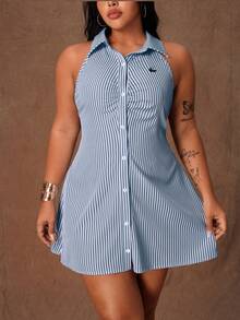 Rustia Đầm sơ mi không tay dáng suông kẻ sọc dành cho nữ cỡ lớn - Màu xanh nhạt - Xem 1