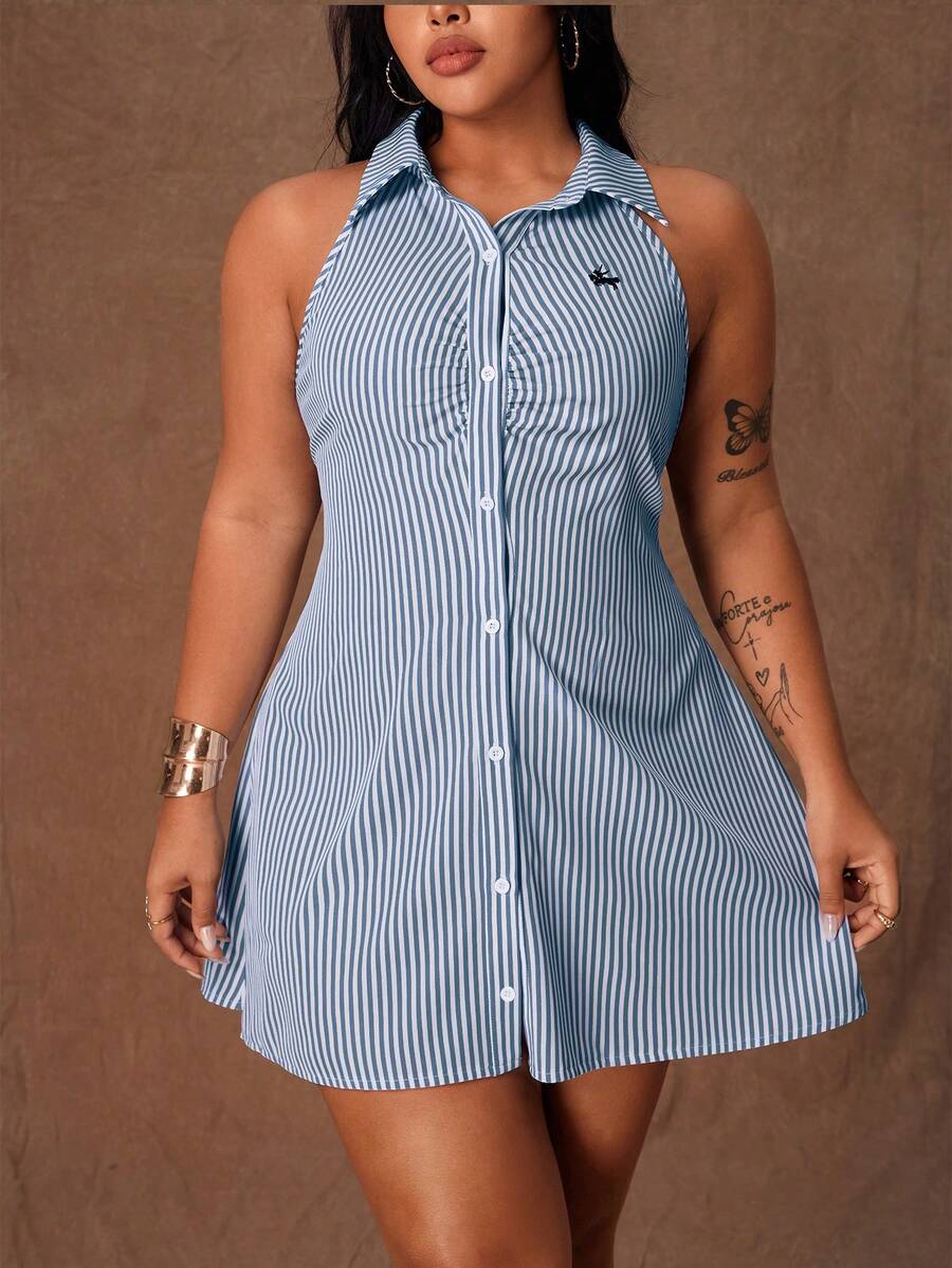Rustia Đầm sơ mi không tay dáng suông kẻ sọc dành cho nữ cỡ lớn - Màu xanh nhạt - Xem 1