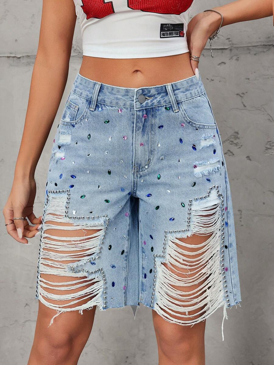StreetHx Y2K Distressed Ripped Denim Shorts - Light Wash - View 1