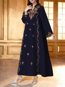 SHEIN Najma Elegant Dress With Geometric, Spiral And Striped Prints, Women's Fashion V-Neck Slit Collar Long Sleeve Dress, Graceful Arabic Style Outfit For Spring And Summer - Multicolor - View 3