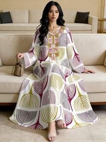 SHEIN Najma 优雅线条碎花大码女装连衣裙，女士长款碎花连衣裙，时尚V领长袖连衣裙，优雅阿拉伯风格，春夏款 - 彩色 - 查看 4