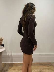 RebeccaVibe 2 件套优雅简约棕色长袖短款上衣和紧身迷你裙套装 - 棕色 - 查看 2