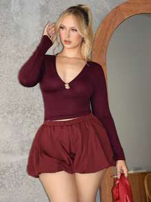 Arliah Camiseta de manga larga ajustada y elegante con escote en V profundo y decoración metálica, color ciruela, nueva llegada de otoño/invierno - Rojo violeta - View 4