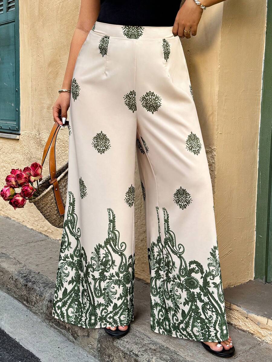 SHEIN LUNE Plus Size Women Totem Print Straight Leg Casual Pants, Suitable For Spring/Summer Vacation And Daily Wear - Multicolor - View 1