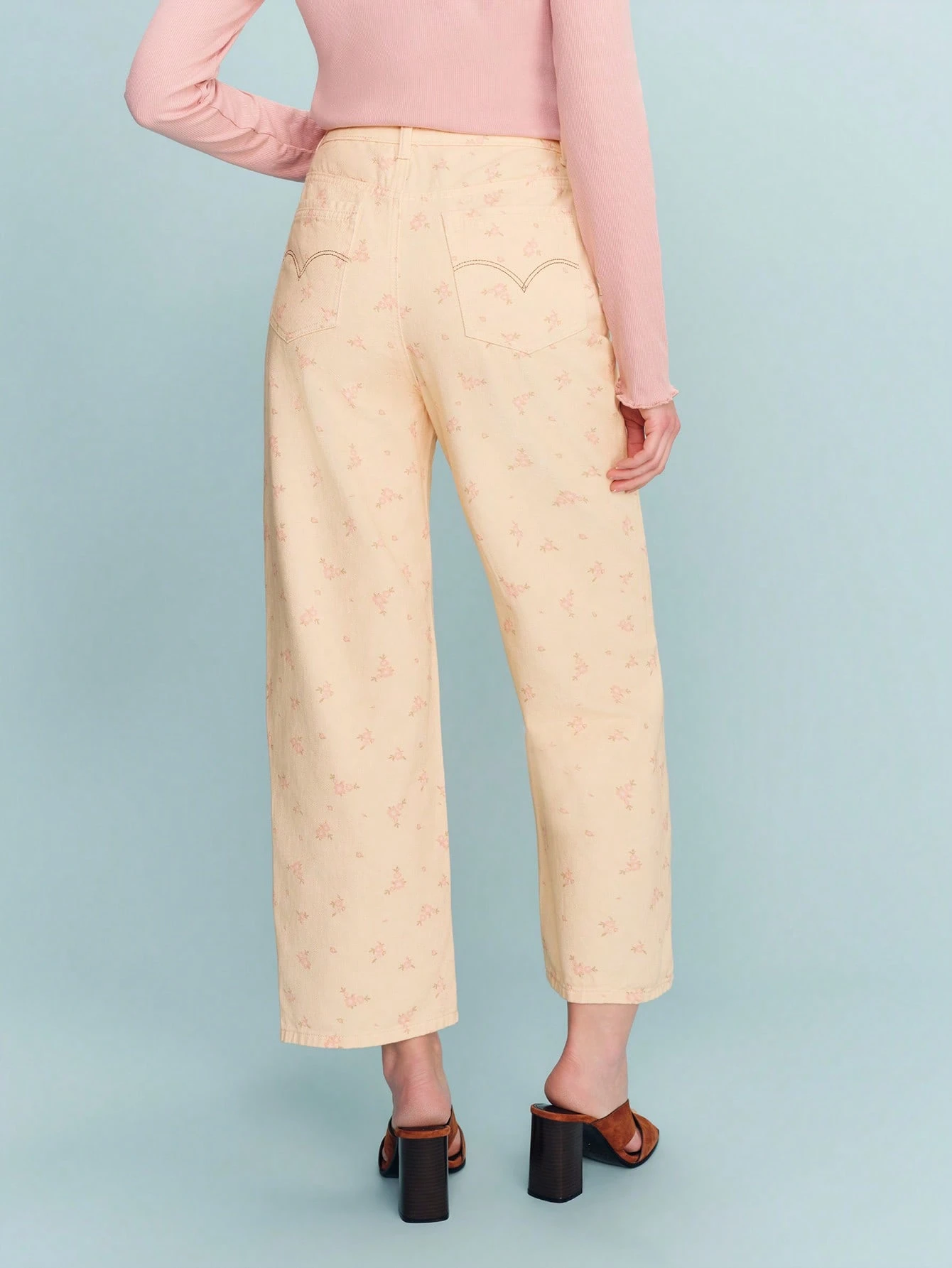 Pantalon taille haute à imprimé floral beige avec détails contrastants jaunes, printemps-été
