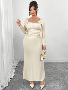 Elenzga Plus Size Soft Knit Fabric V-Neck Long Sleeve Waist Pleated Ruched Fishtail Hem Bow Decor Dress, Elegant For Outings, Gatherings, Dates, Formal Events - Apricot - View 6