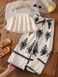 Vintaside Kids 2件套女童夏季荷叶边吊带背心和印花阔腿宽松裤 - 彩色 - 查看 1