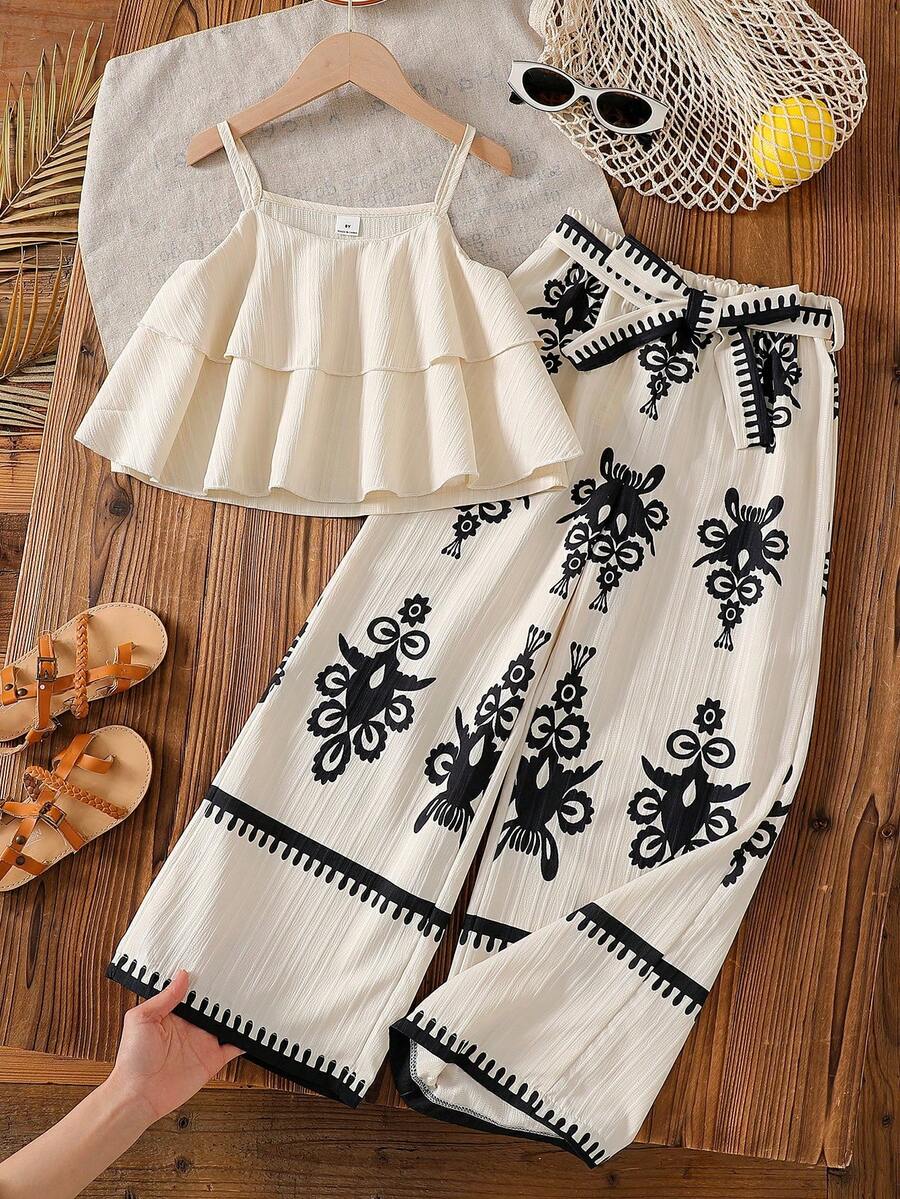 Vintaside Kids 2件套女童夏季荷叶边吊带背心和印花阔腿宽松裤 - 彩色 - 查看 1